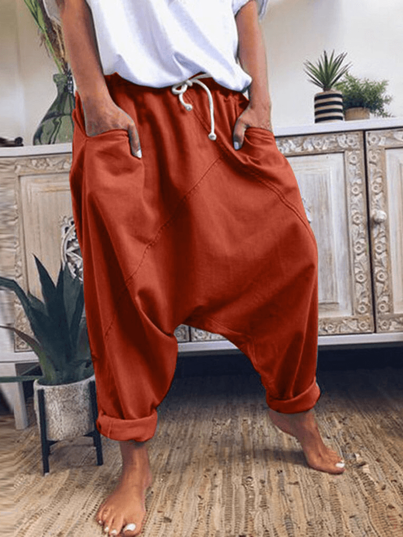 Casual Solid Drawstring Waist Harem Pants