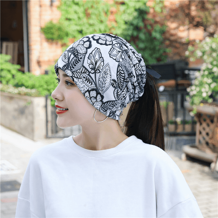 Women Cotton Floral Leaf Printing Pattern Casual Outdoor Dual-Use Neck Protection Brimless Beanie