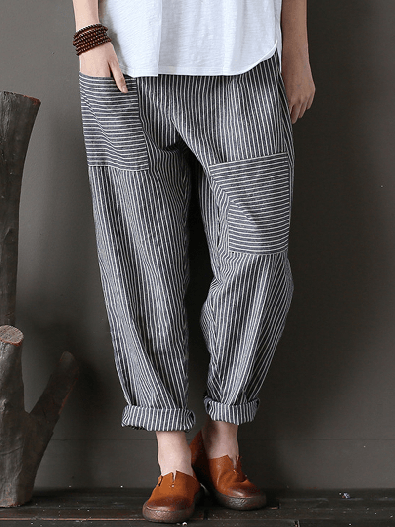 Women Stripe Elastic Waist Casual Loose Harem Pants - MRSLM