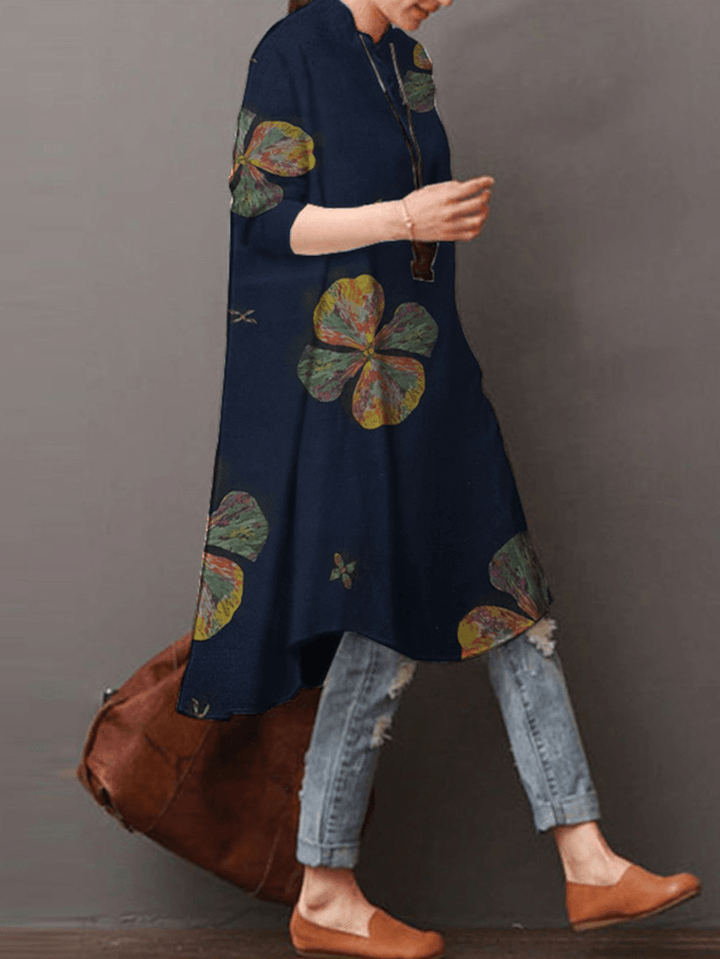 Women Cotton Button Vintage Print High-Low Hem Retro Shirt Dress