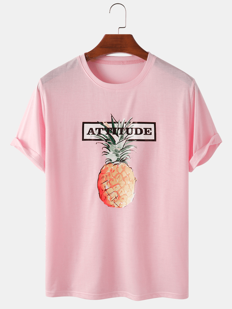 100%Cotton Letter Print Pineapple Pattern Pink Short Sleeve Casual T-Shirts