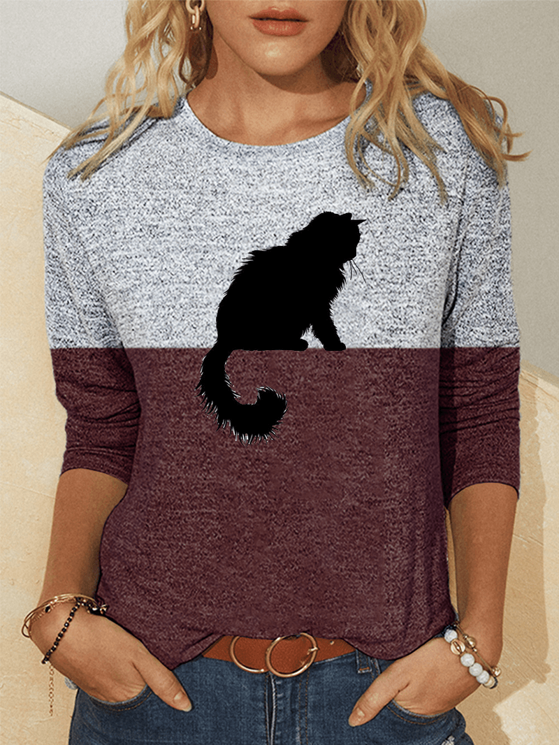 Women Cute Cat Print Colorblock Long Sleeve Casual Blouses