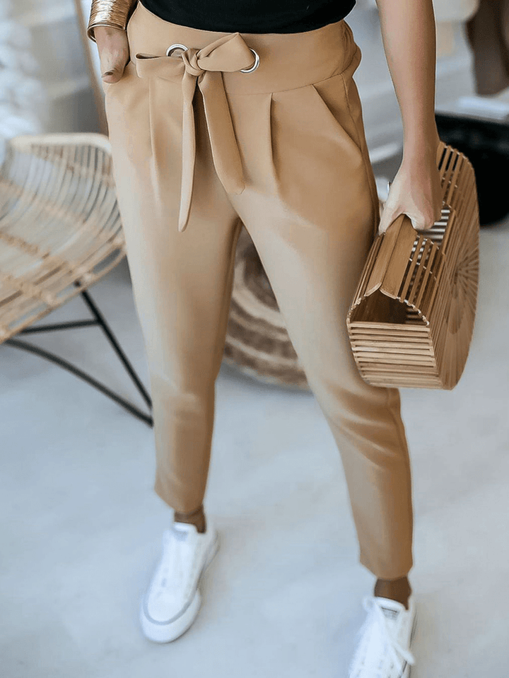 Women Solid Color Lace-Up Pleated Casual Regular Fit Pencil Pants