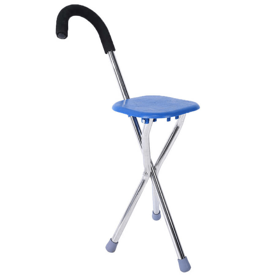 Multifunction 2 in 1 Stainless Lightweight Folding Walking Stick Stool Adjustable Height Non Slip Tripod Cane for Outdoor Hiking Climbing Crutch