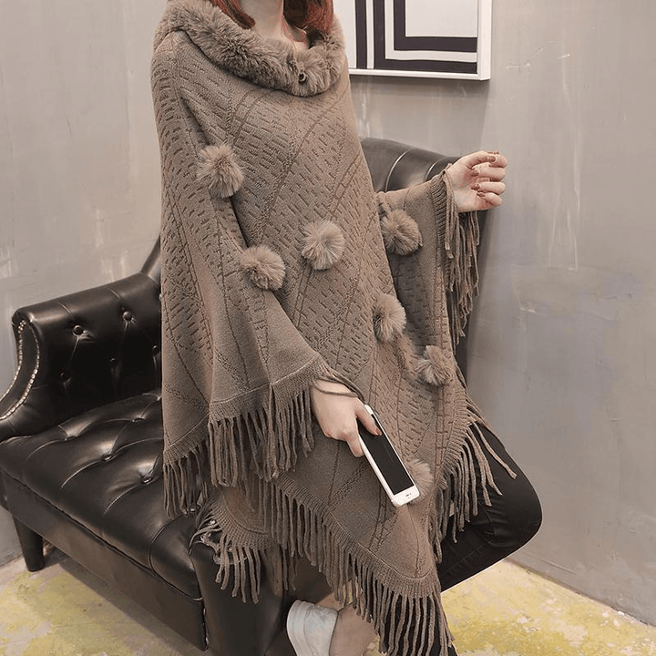 Loose Outer Wear Fur Collar Bat Shirt with Hand-Woven Tassels