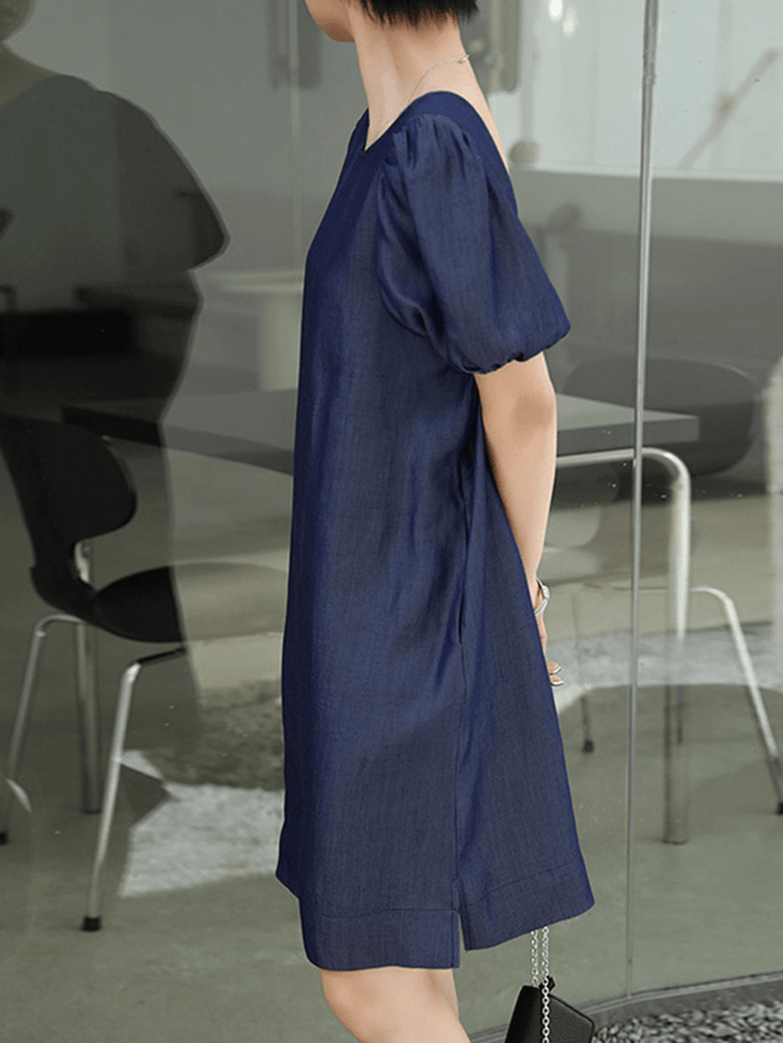 Solid Casual Crew Neck Puff Sleeve Pleated Plain A-Line Midi Dress