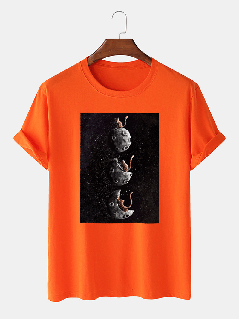 Mens 100% Cotton Space Cat Graphic Print Casual Short Sleeve T-Shirt