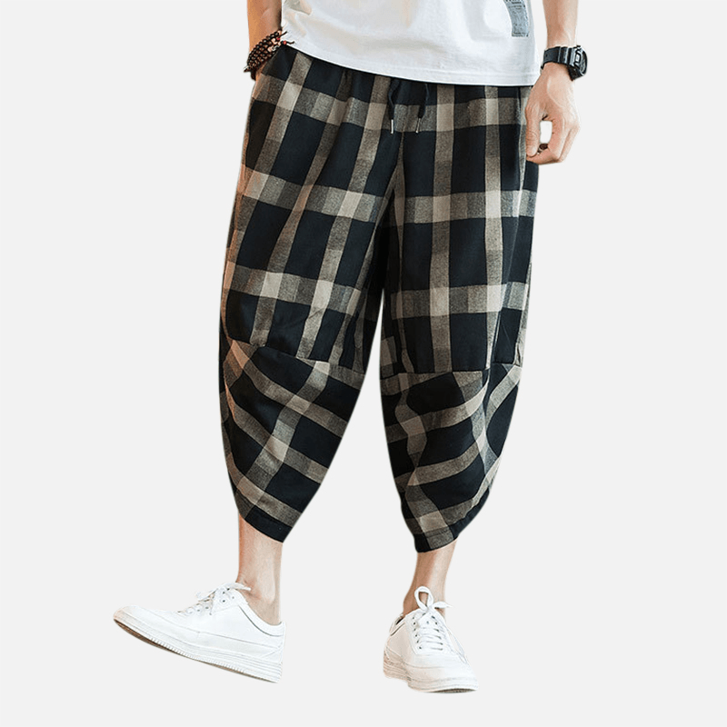 Mens Plaid Cotton Linen Loose Drawstring Calf-Length Casual Harem Pants