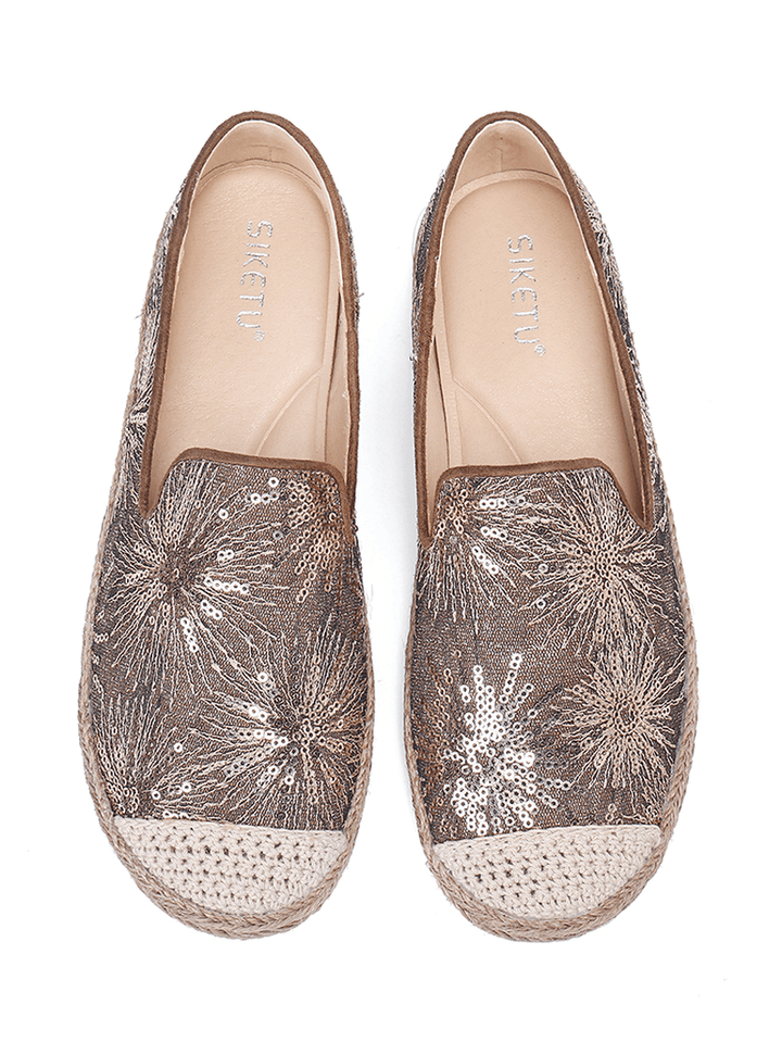 Women Casual Sequined Flowers Pattern Espadrille Flats Loafers