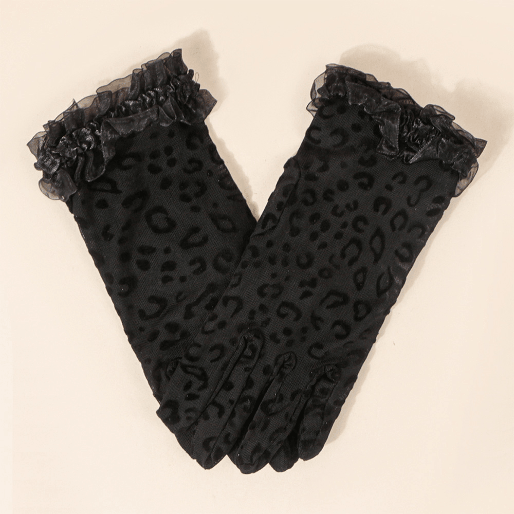 Women Polyester Cotton Lace Leopard Pattern Sunshade Breathable Short Full Finger Gloves