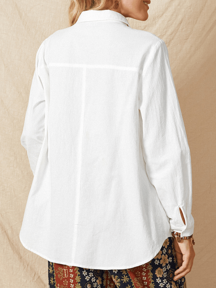 Women White Lapel Ethnic Embroidery Daily Casual Long Sleeve Shirts