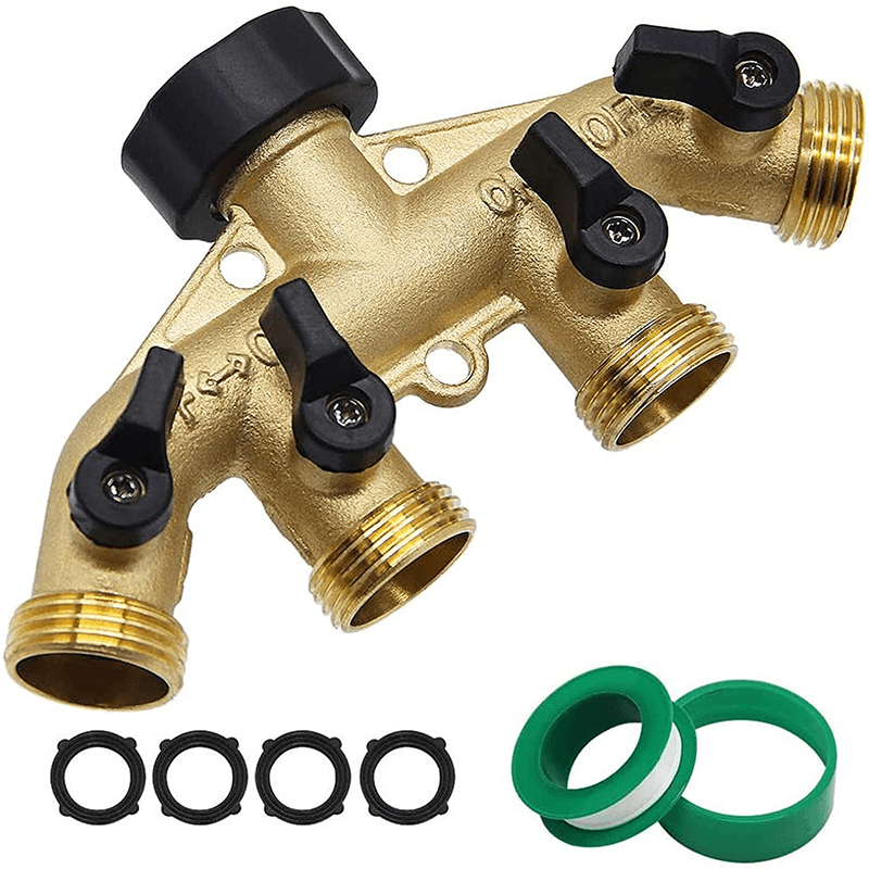 4 Way Heavy Duty Brass Garden Hose Splitter 3/4" Hose Connector 4 Valves Hose Spigot Adapter