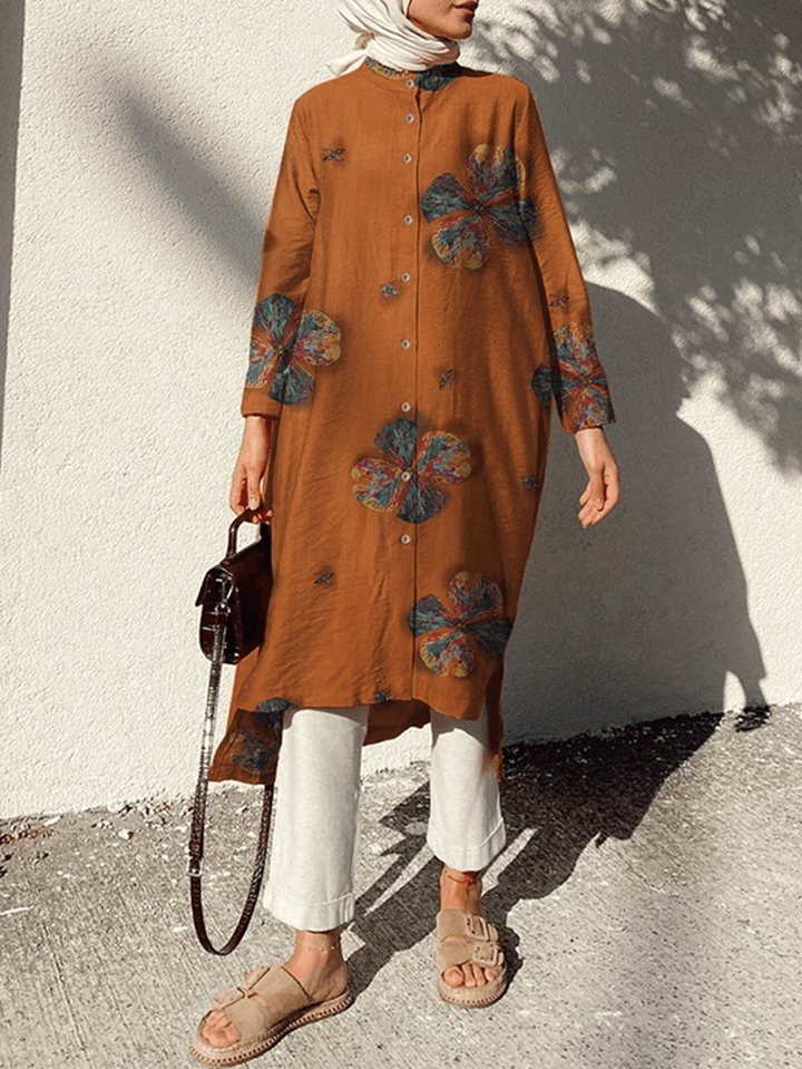 Women Cotton Flowers Print Kaftan Long Sleeve Retro Shirt Dress - MRSLM