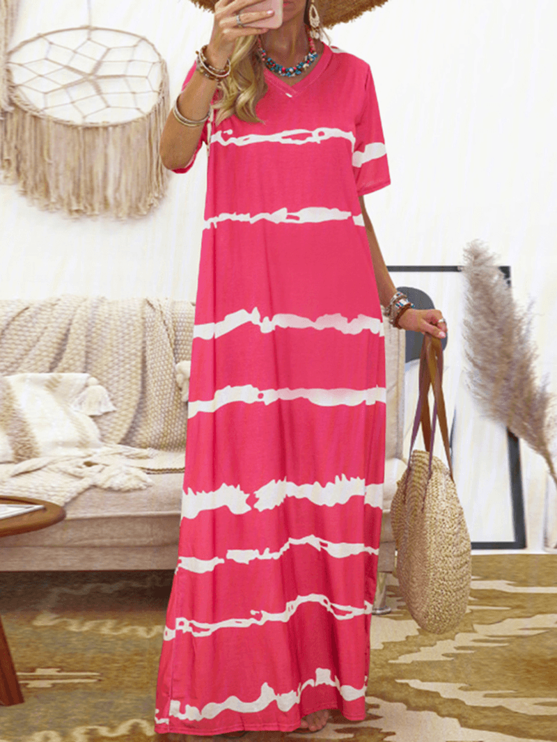 Bohemian Stripe Printed Clash Color Splicing Design V-Neck Dress