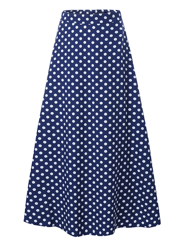 Women Polka Dot Print Loose Big Swing Side Pockets Casual Long Skirt