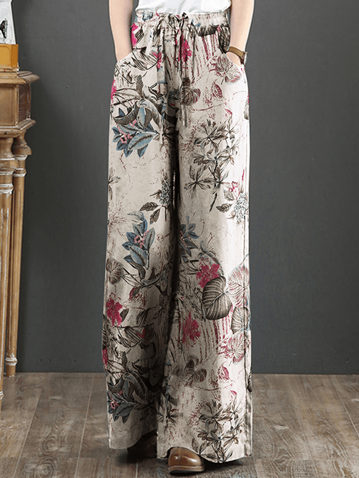 Cotton Women Palnt Floral Print Pocket Drawstring Elastic Waist Retro Wide Leg Pants