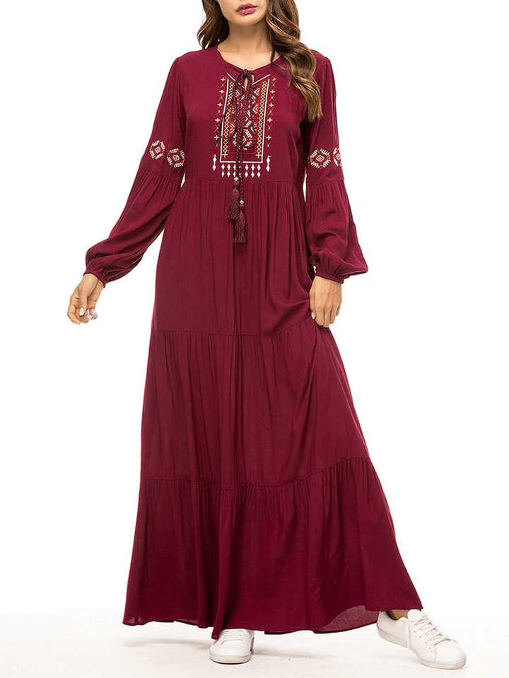 Women Pleated Robe Long Sleeve Maxi Dress