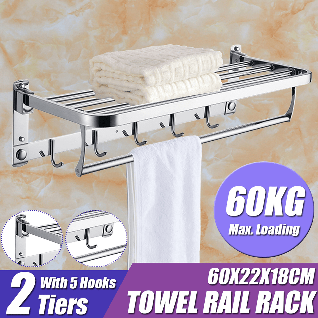 Bakeey 304 Stainless Steel Double Towel Rail Rack Shelf Wall Mounted Bathroom with 5 Hook