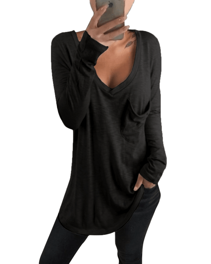 Women Casual V Neck Long Sleeve Loose Baggy Solid T Shirts with Pocket