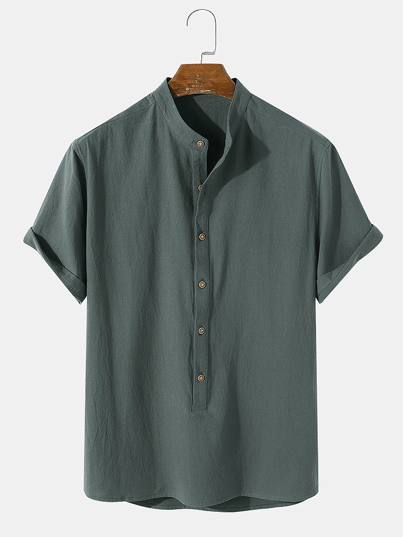 Mens Plain Basic Style Solid 100% Cotton Short Sleeve Henley Shirt - MRSLM