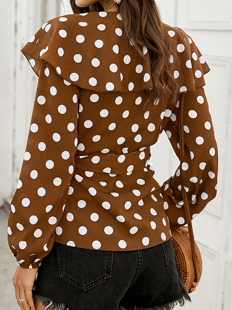 Polka Dot Print V-Neck Long Sleeve Causal Blouse