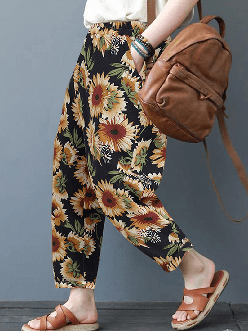 Women Sunflower Daisy Floral Print Cotton Casual Pants with Side Pockets