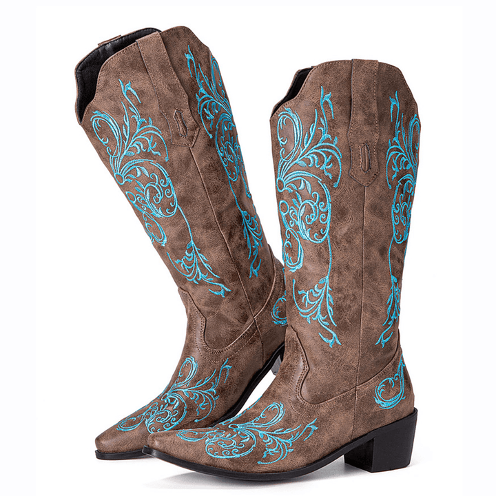 Women Floral Retro Embroidery Leather V-Cut Pointy-Toe Chunky Heel Mid-Calf Knight Boots