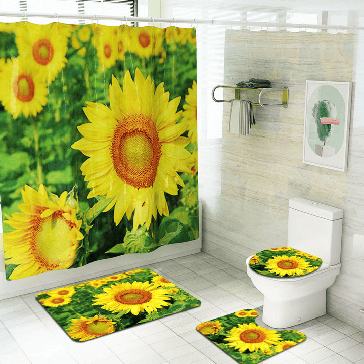 4PCS Non Slip Sunflower Pattern Toilet Polyester Cover Mat Set Waterproof Bathroom Shower Curtains - MRSLM