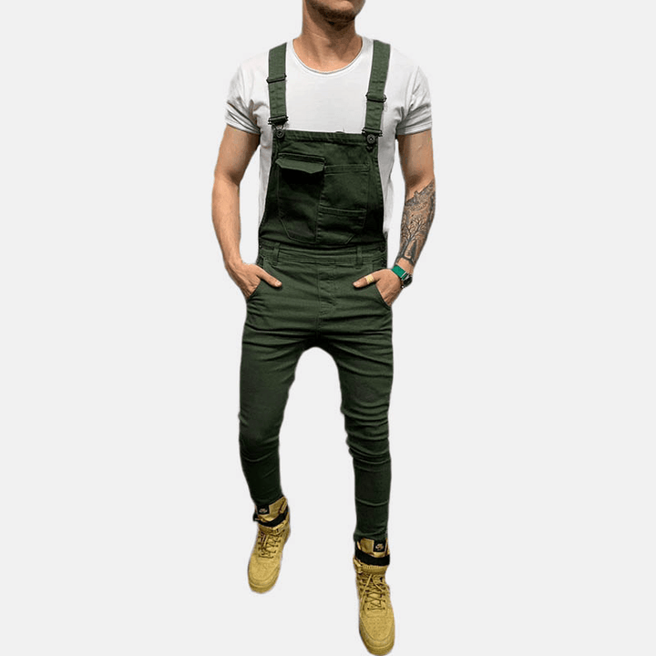 Men Solid Color Big Pocket Retro Denim Pants Jumpsuit