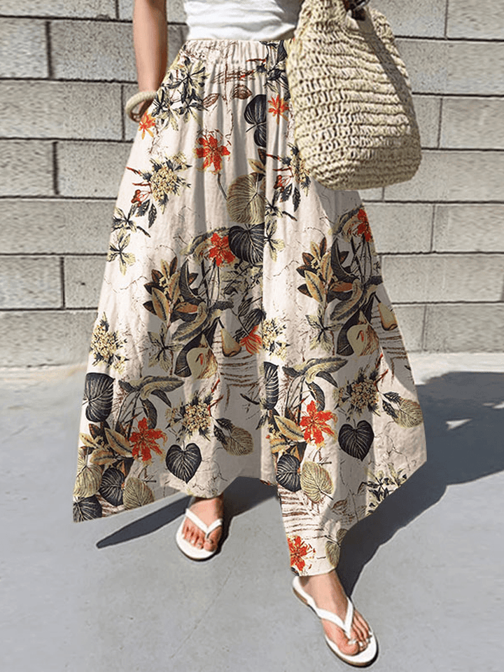 Women Floral Print Elastic Waist Pleated Casual Wide Leg Pants with Pocket