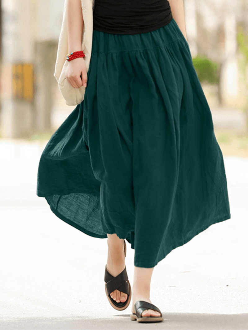 Casual Solid Elastic Waist Pleated Spliced Cotton Skirt for Women