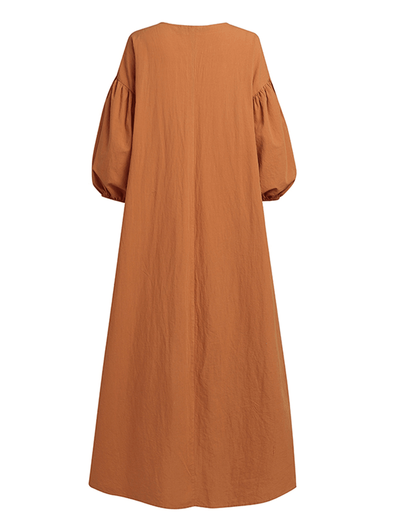 Women Cotton Solid Pleated Loose Puff Sleeve Maxi Dresses with Side Pockets