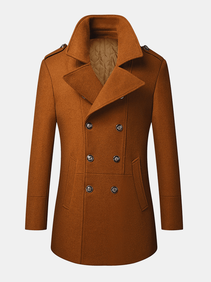 Mens British Style Double Breasted Woolen Lapel Regular Fit Thick Coat