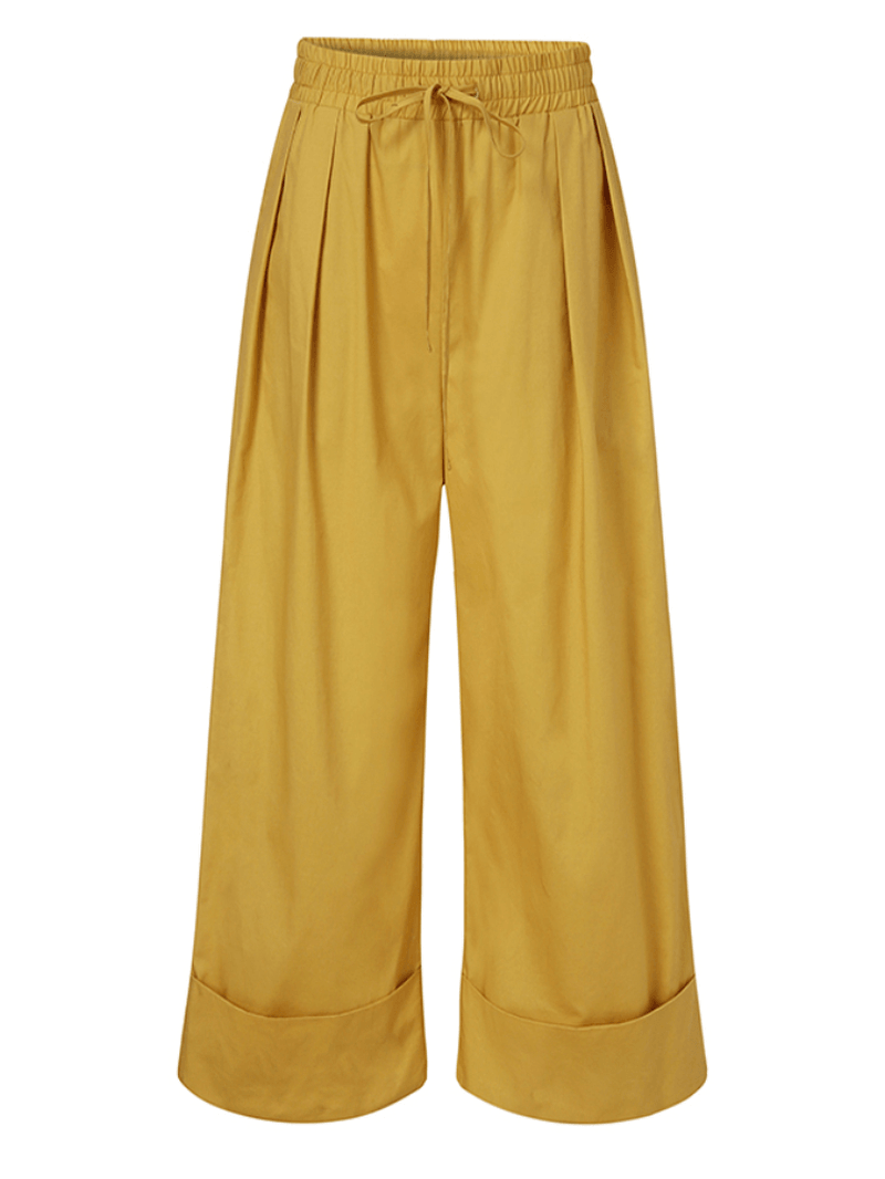 Women Casual Drawstring Waist Solid Holiday Vintage Wide Leg Pants with Pockets