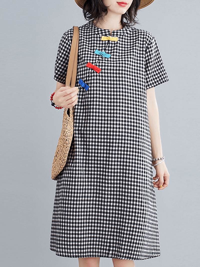 Short Sleeve Stand Collar Pleated Spliced Plaid Casual Dress for Women - MRSLM