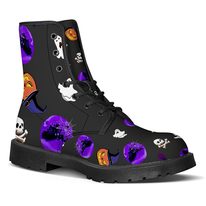 Women PU Leather Halloween Bat Skull Pumpkin Pattern Lace-Up Non-Slip Wear-Resistant Martin Boots