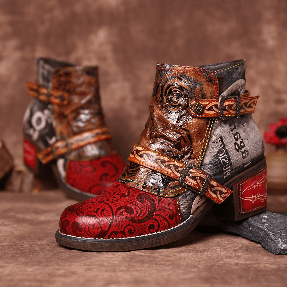 Women Embossed Rose Genuine Leather Splicing Boots