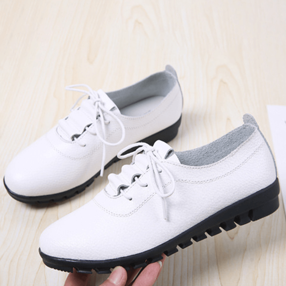 Women Non-Slip Solid Color Leather Lace-Up Soft Sole Flats