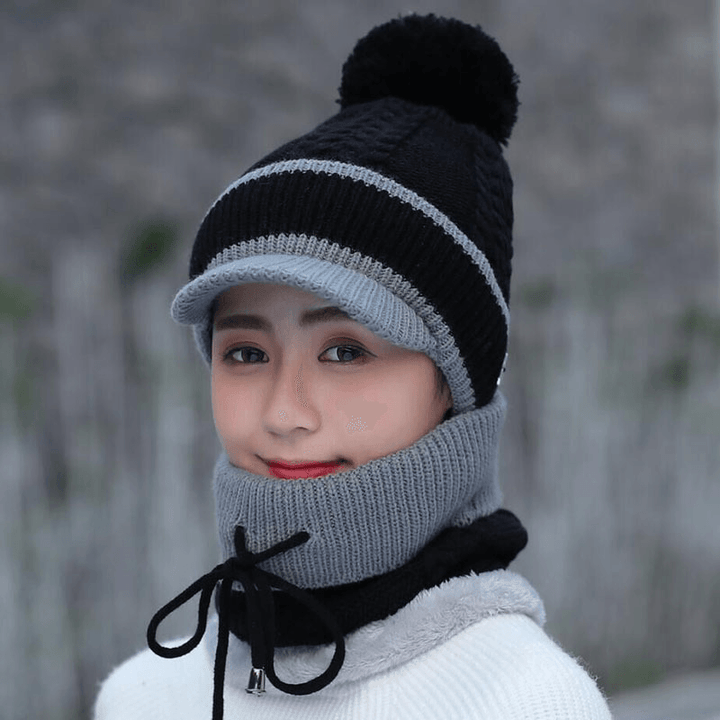 Wool Cap and Scarf Set Beanie Warm Winter Pom Wooly Cap - MRSLM