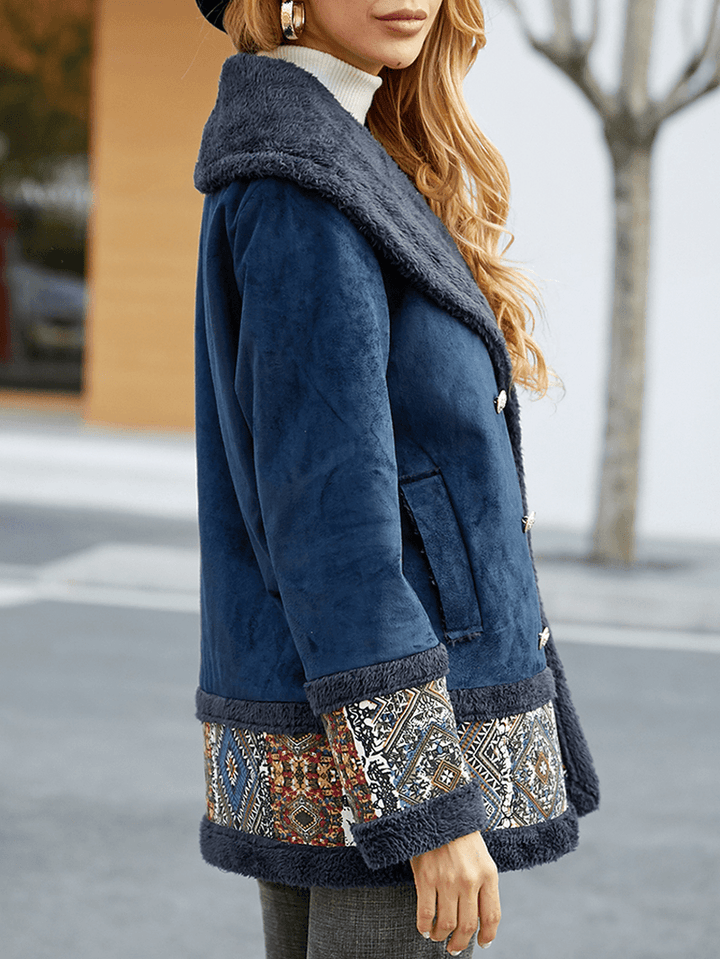 Casual Patch Print Faux Suede Double-Breasted Winter Coats