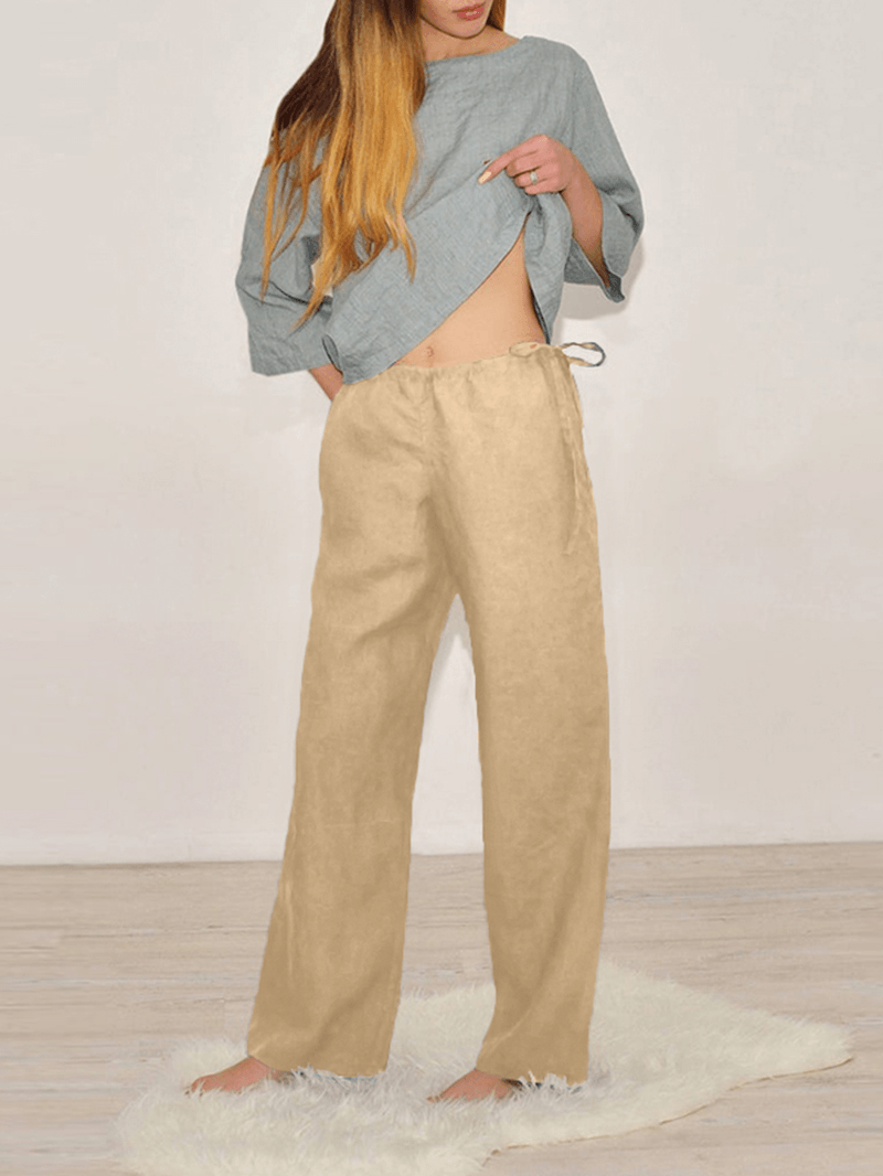 Solid Color Elastic Drawstring Waist Pocket Cotton Casual Pants for Women