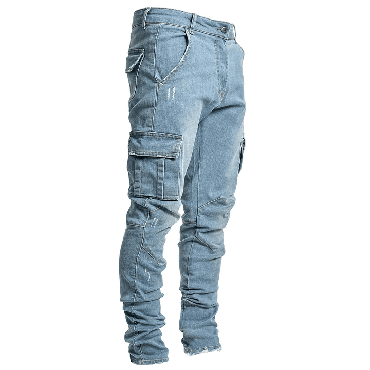 Fashionable and Simple Men'S Multi-Pocket Tooling Jeans