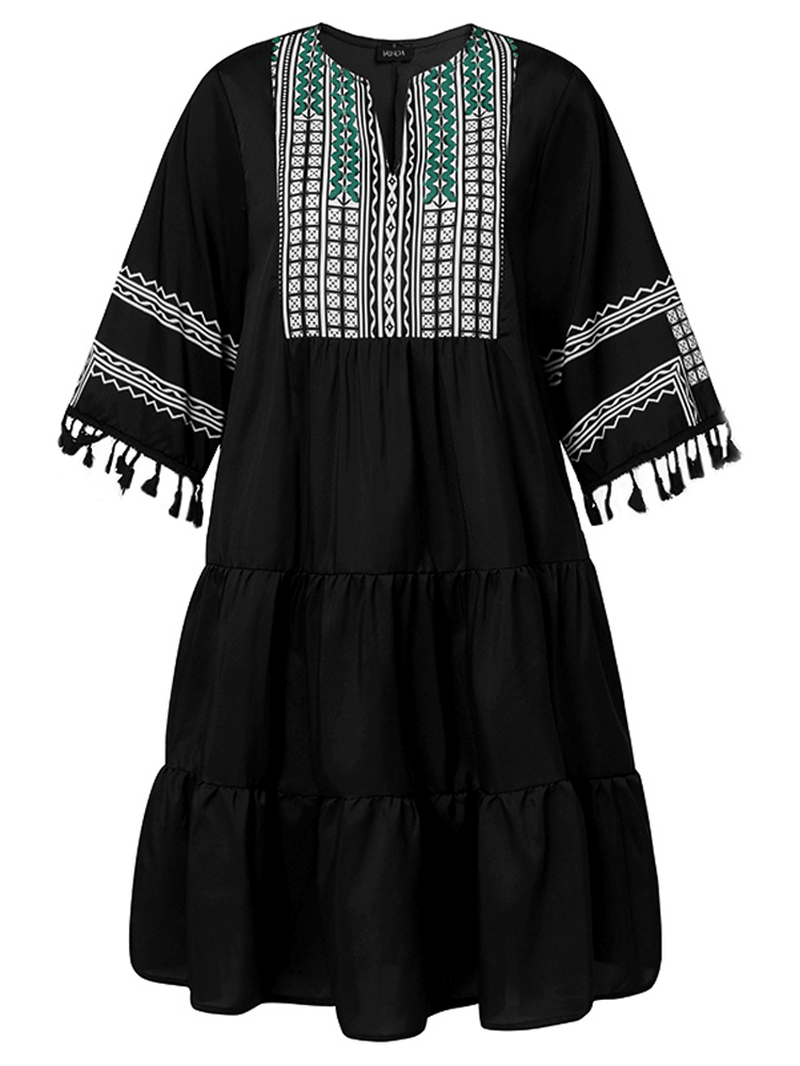 Bohemian Print Tassel Patchwork Loose O-Neck Casual Dress - MRSLM