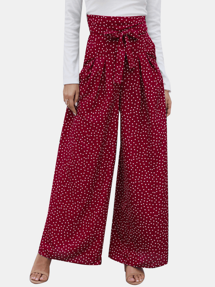 Casual Polka Dot Print High Waist Bow Wide Pants with Pocket