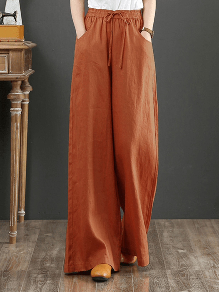 Women Solid Color Elastic Waist Drawstring Wide Leg Pants with Pocket