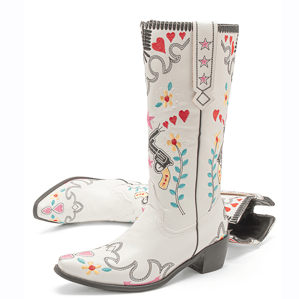 Women Floral Sweet Embroidery Leather Pointy-Toe Chunky Heel Mid-Calf Knight Boots