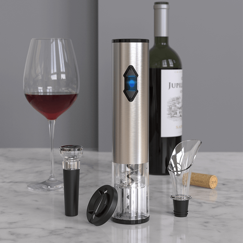 Electric Vino Bottle Opener Set Stainless Steel Automatic Corkscrew Opener Puller Kit with Foil Cutter Vacuum Stopper and Pourer