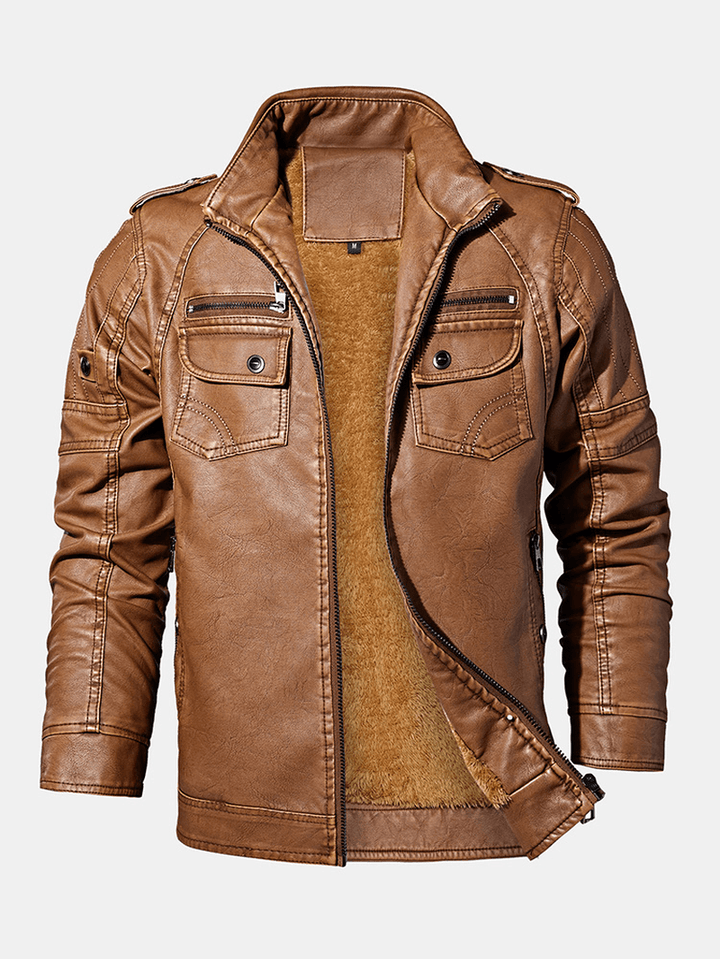 Mens Washed Vintage Multi-Pocket Zipper Lapel Winter Thicken PU Leather Jacket