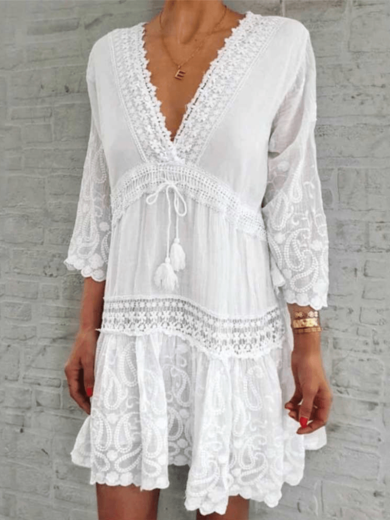 Women Flower Print Plunge Tie Front 3/4 Sleeve Lace Mini Dresses - MRSLM