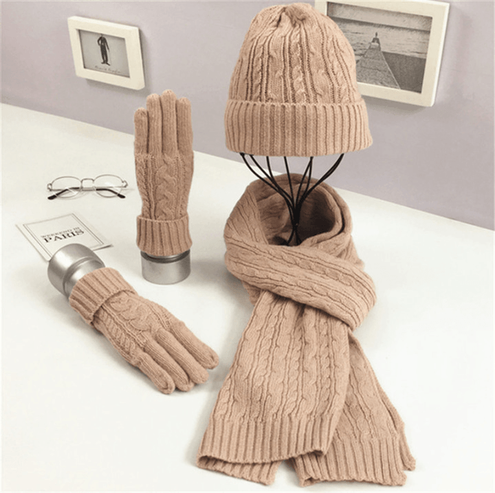 Fashion Solid Color Twist Warm Hat Scarf Glove Set